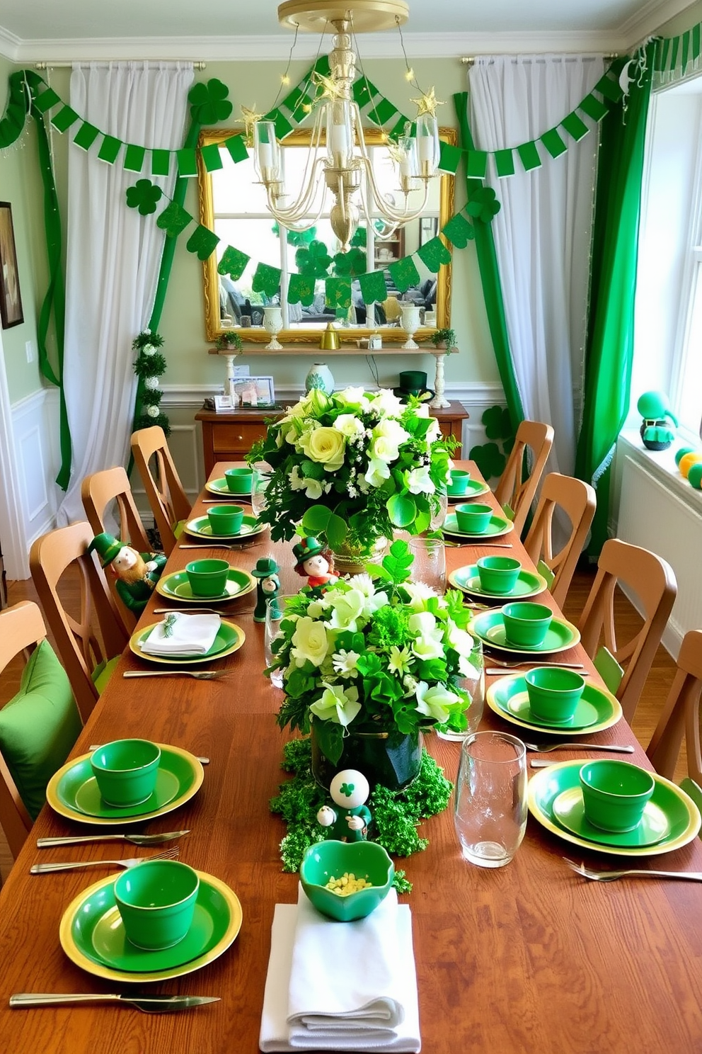 A festive dining room adorned for St. Patrick's Day features a long wooden table set with vibrant green and gold tableware. Leprechaun figurines are playfully positioned along the center of the table, surrounded by shamrock decorations and twinkling fairy lights. The walls are draped with green and white bunting, adding a cheerful touch to the atmosphere. A large centerpiece of fresh flowers in shades of green and white complements the overall theme, creating a warm and inviting space for celebration.