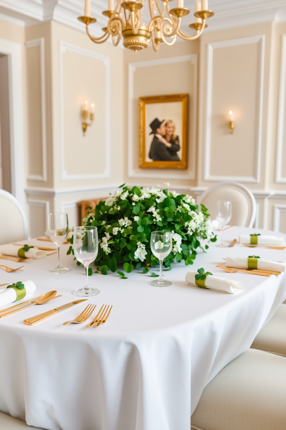 A luxurious dining room setting featuring an elegant gold cutlery set arranged on a pristine white tablecloth. The table is adorned with a vibrant green centerpiece of fresh shamrocks and delicate white flowers, complemented by St. Patrick's Day-themed napkin rings. The walls are painted a soft cream, enhancing the warm glow of the gold accents. Soft, ambient lighting from a stylish chandelier casts a welcoming atmosphere, perfect for a festive celebration.