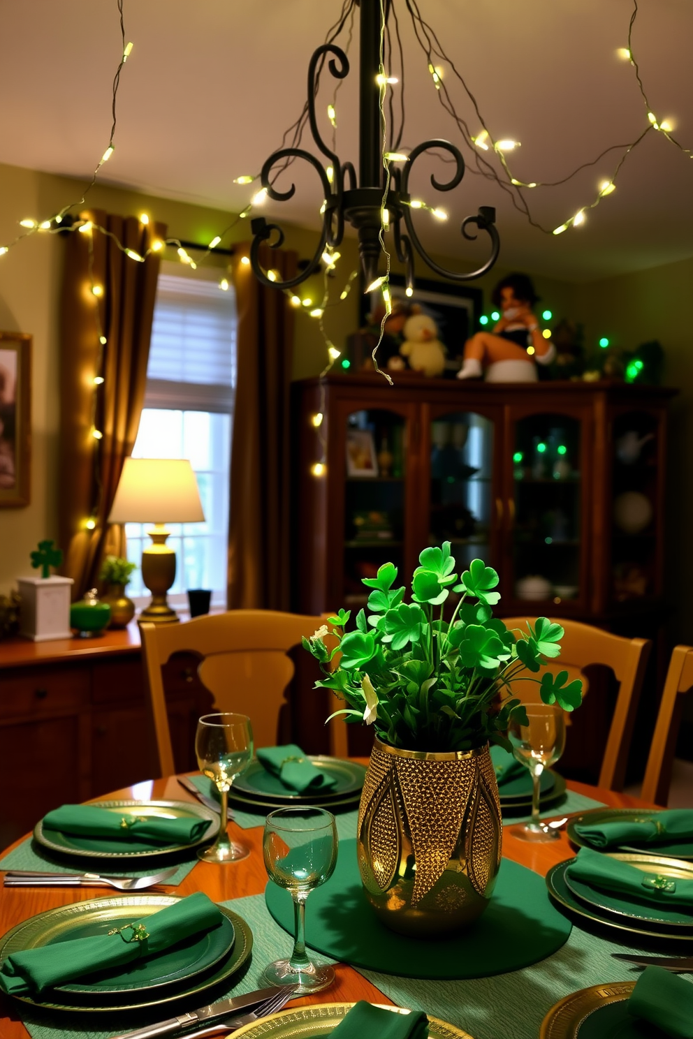 A cozy dining room adorned with shamrock string lights draped elegantly across the ceiling, casting a warm, inviting glow. The table is set with green and gold accents, featuring festive tableware and a centerpiece of fresh shamrocks in a decorative pot.