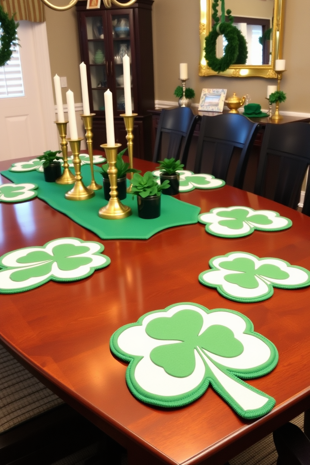 A festive dining room setting for St. Patrick's Day, featuring shamrock-shaped placemats on a polished wooden table. The table is adorned with a vibrant green table runner and decorated with gold and white accents, including candles and small potted shamrocks.