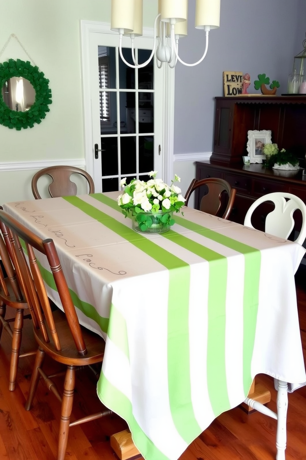 A cheerful dining room setting adorned with a green and white striped tablecloth draping elegantly over a rustic wooden table. Surrounding the table are mismatched vintage chairs, each adding a unique charm, while a centerpiece of fresh white flowers and small green shamrocks enhances the festive St. Patrick's Day theme.