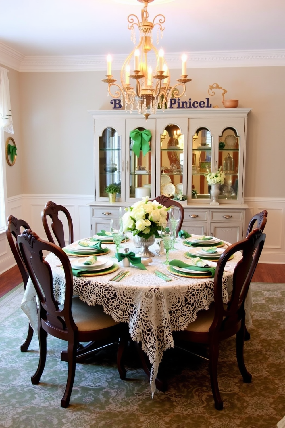 A charming dining room adorned with delicate Irish lace doilies draped elegantly over the table. The table is set with fine china and crystal glassware, complemented by soft green and gold accents to celebrate St. Patrick's Day.