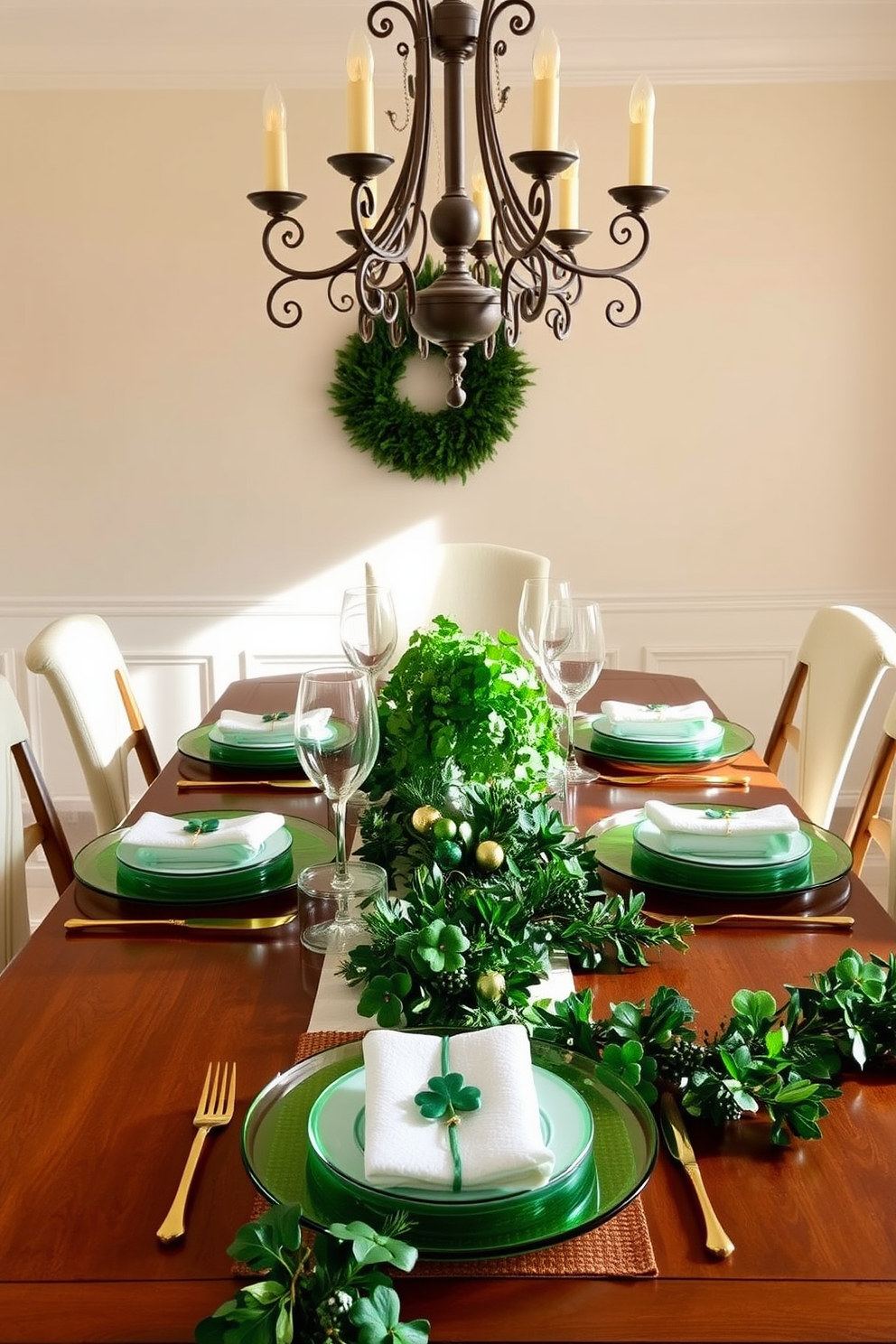 A stylish dining room setting for St. Patrick's Day, featuring an elegant wooden dining table adorned with green glass charger plates. The table is set with white dinnerware and gold flatware, complemented by lush greenery and small decorative shamrocks scattered across the table. Soft, ambient lighting from an ornate chandelier hangs above, casting a warm glow over the scene. The walls are painted in a light cream color, and a festive garland of green and gold accents drapes along the table's edge, enhancing the celebratory atmosphere.