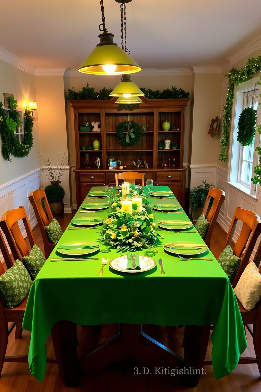 A festive dining room setting for St. Patrick's Day, featuring a long wooden table adorned with a vibrant green tablecloth. Centered on the table is a decorative arrangement of shamrocks and gold accents, with place settings that include green dishes and gold utensils. The walls are embellished with cheerful St. Patrick's Day decorations, including garlands of green and gold. Soft, warm lighting from pendant fixtures casts a cozy glow over the space, enhancing the celebratory atmosphere.