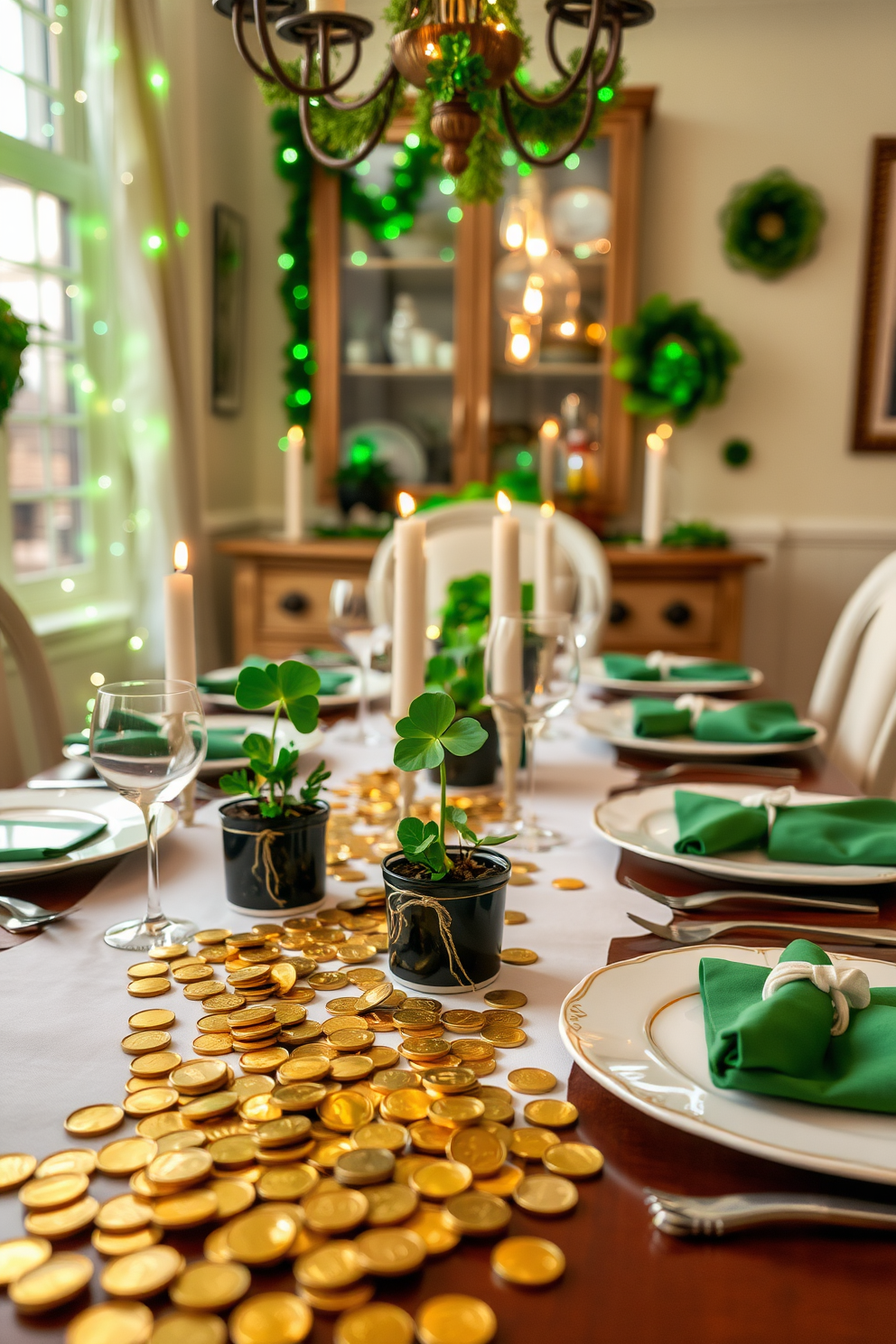 A festive dining room adorned for St. Patrick's Day, with gold coins scattered across the table, glimmering under the soft glow of green and white fairy lights. The table is set with elegant white dinnerware, accented by vibrant green napkins and small potted shamrocks as centerpieces.