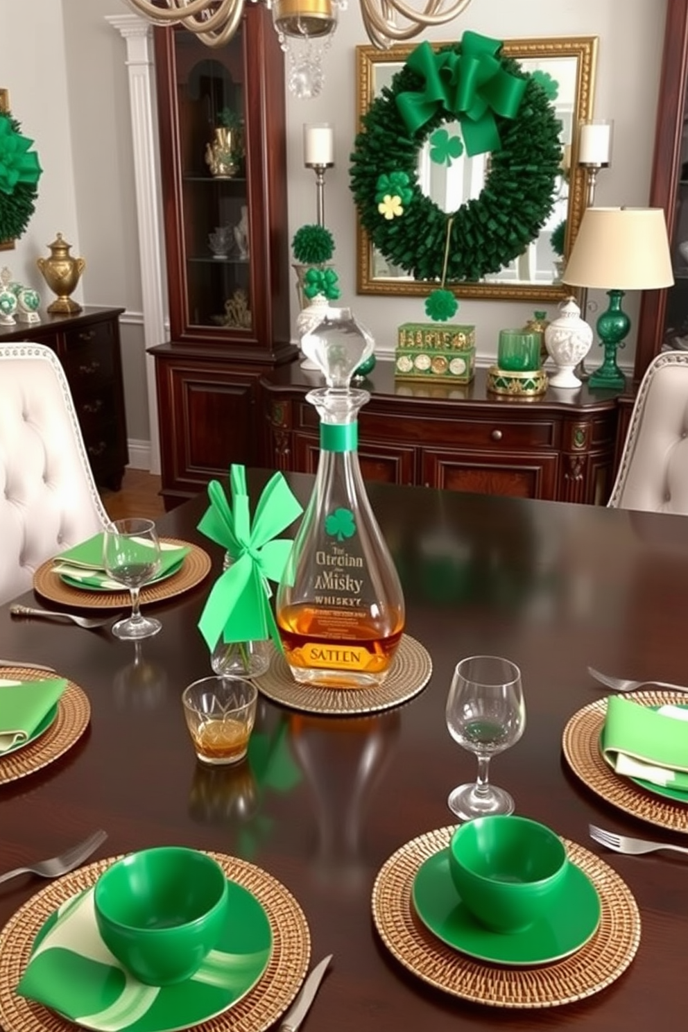 A stylish dining room setting featuring a beautifully crafted Irish whiskey decanter as the centerpiece on a dark wood dining table. Surrounding the table are elegant upholstered chairs, and the space is adorned with festive St. Patrick's Day decorations, including green and gold accents and shamrock-themed tableware.