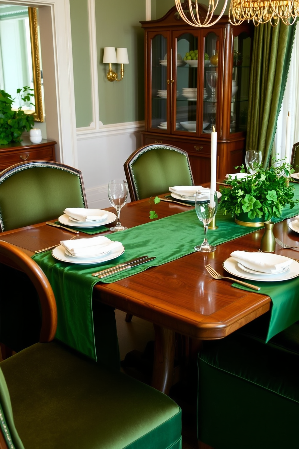 A luxurious dining room adorned with a rich green velvet table runner that elegantly drapes over a polished oak table. Surrounding the table are plush upholstered chairs in a complementary shade, creating an inviting atmosphere for festive St. Patrick's Day celebrations. On the table, delicate white china plates are set, accented with gold flatware and crystal glassware that glimmers in the soft lighting. Fresh green foliage and small pots of shamrocks are artfully arranged as centerpieces, enhancing the festive spirit of the occasion.