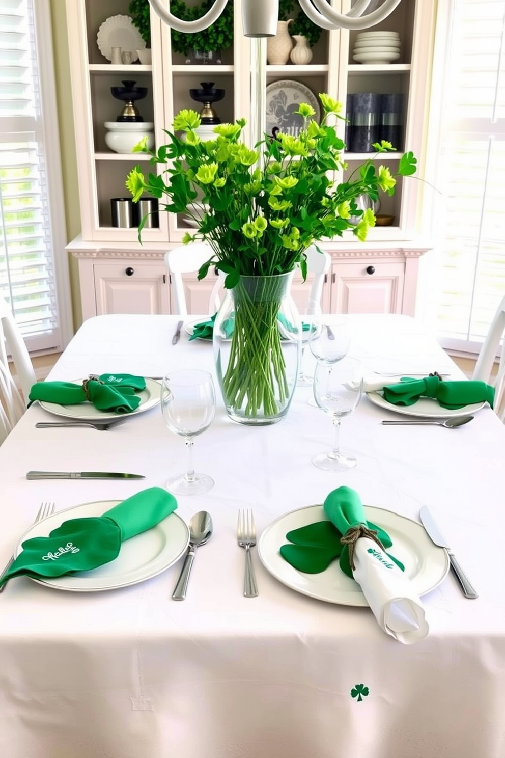 A charming dining room setting for St. Patrick's Day, featuring a beautifully set table adorned with shamrock embroidered napkins. The table is draped with a crisp white tablecloth, and fresh green flowers in a vase add a festive touch to the centerpiece.