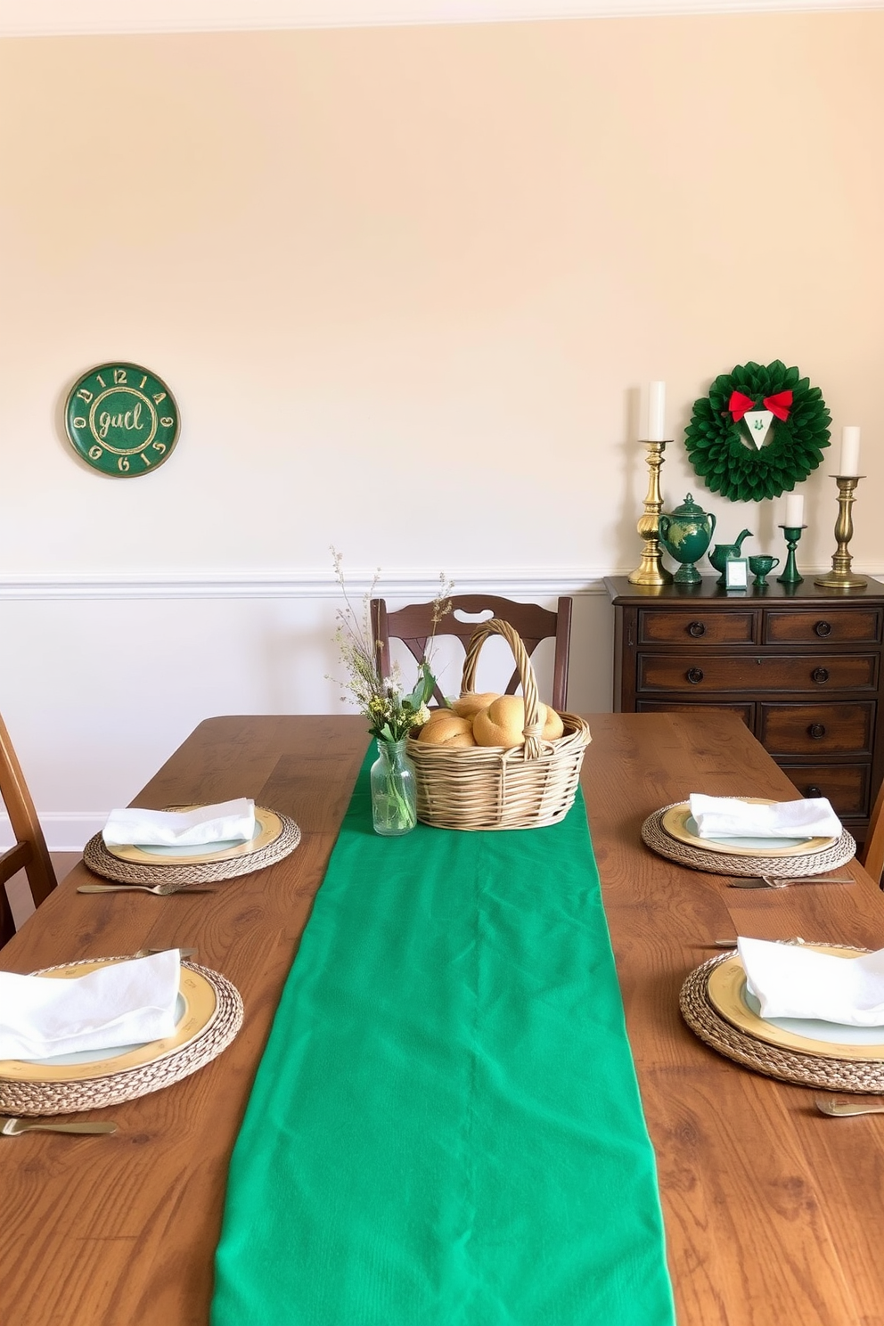 A charming dining room setting for St. Patrick's Day, featuring a rustic wooden table adorned with a vibrant green tablecloth. In the center, a woven basket filled with freshly baked Irish soda bread sits alongside a small vase of wildflowers and festive decorations. The walls are painted a soft cream, creating a warm and inviting atmosphere. Accents of gold and emerald green are incorporated through decorative plates and candles, enhancing the celebratory spirit of the occasion.