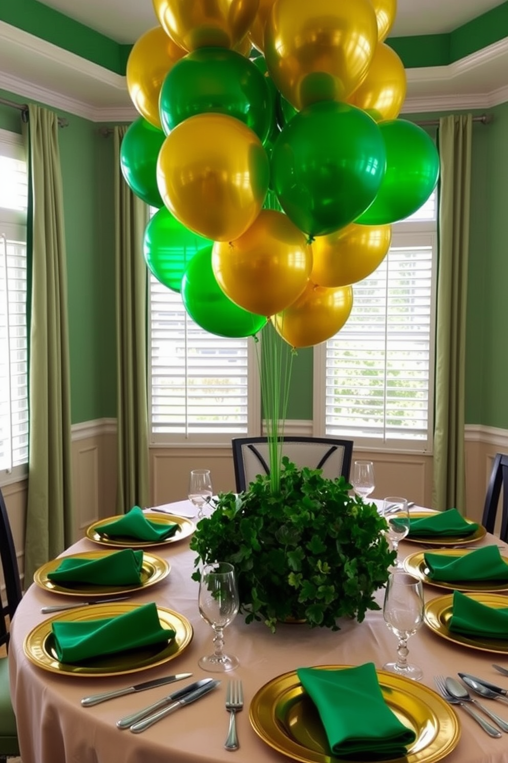 A festive dining room setting adorned with green and gold balloons, creating a vibrant atmosphere for St. Patrick's Day celebrations. The balloons are clustered above the dining table, which is elegantly set with gold-rimmed plates and green napkins, complemented by a centerpiece of fresh shamrocks.