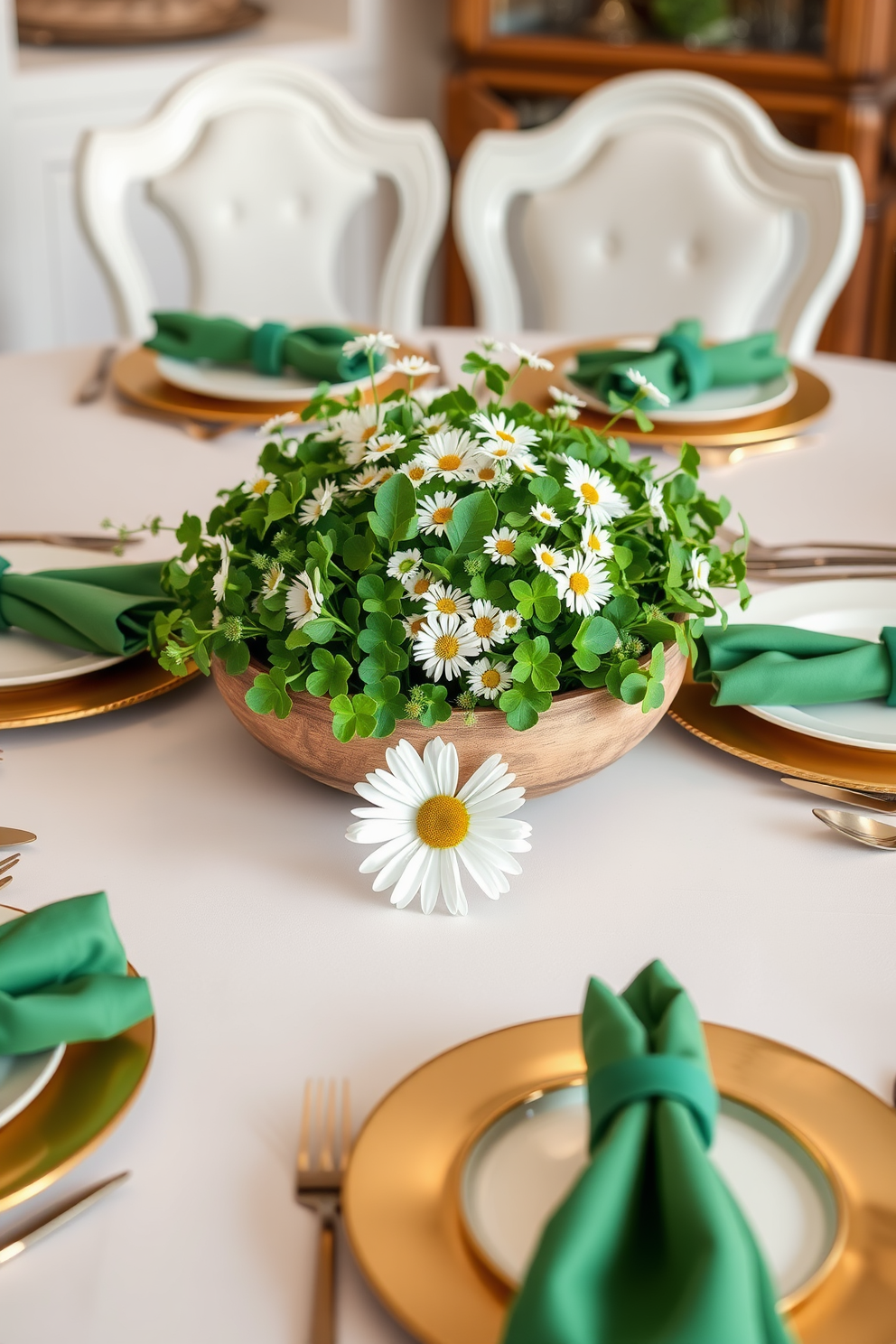 A charming Irish-themed centerpiece graces the dining table, featuring a mix of fresh green shamrocks and delicate white daisies arranged in a rustic wooden bowl. Surrounding the centerpiece are elegant gold and white place settings, with green napkins folded in a festive manner, creating a warm and inviting atmosphere for St. Patrick's Day celebrations.