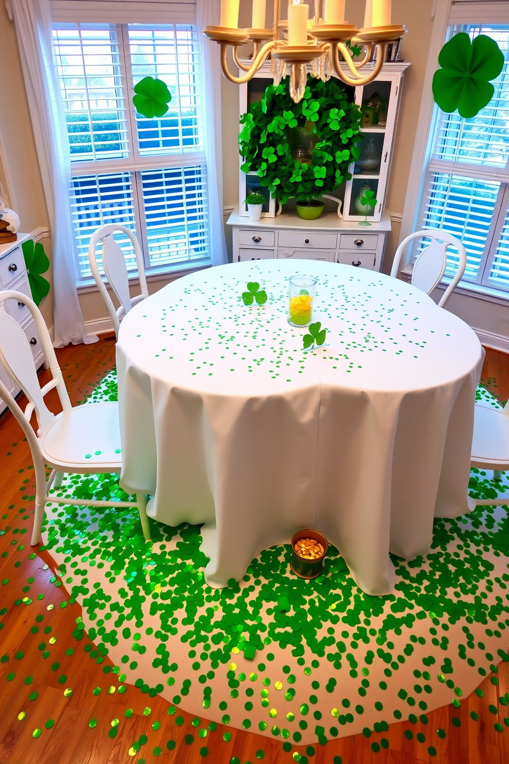 A charming dining room adorned for St. Patrick's Day, featuring a clover-shaped table covered in a crisp white tablecloth. The table is sprinkled with vibrant green confetti, alongside small pots of gold and delicate shamrock centerpieces.