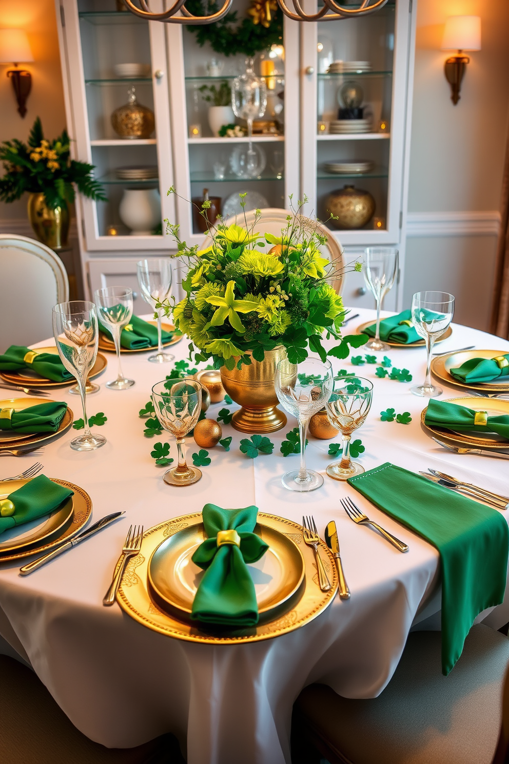 A stylish dining room set for St. Patrick's Day features a beautifully arranged table adorned with a crisp white tablecloth and green accents. Gold-rimmed glassware sparkles under soft lighting, complementing the festive decor of shamrocks and delicate green napkins. The centerpiece is a vibrant arrangement of fresh green flowers in a gold vase, surrounded by charming St. Patrick's Day-themed ornaments. Elegant place settings with gold-rimmed plates and matching cutlery create a sophisticated yet inviting atmosphere for guests to enjoy.