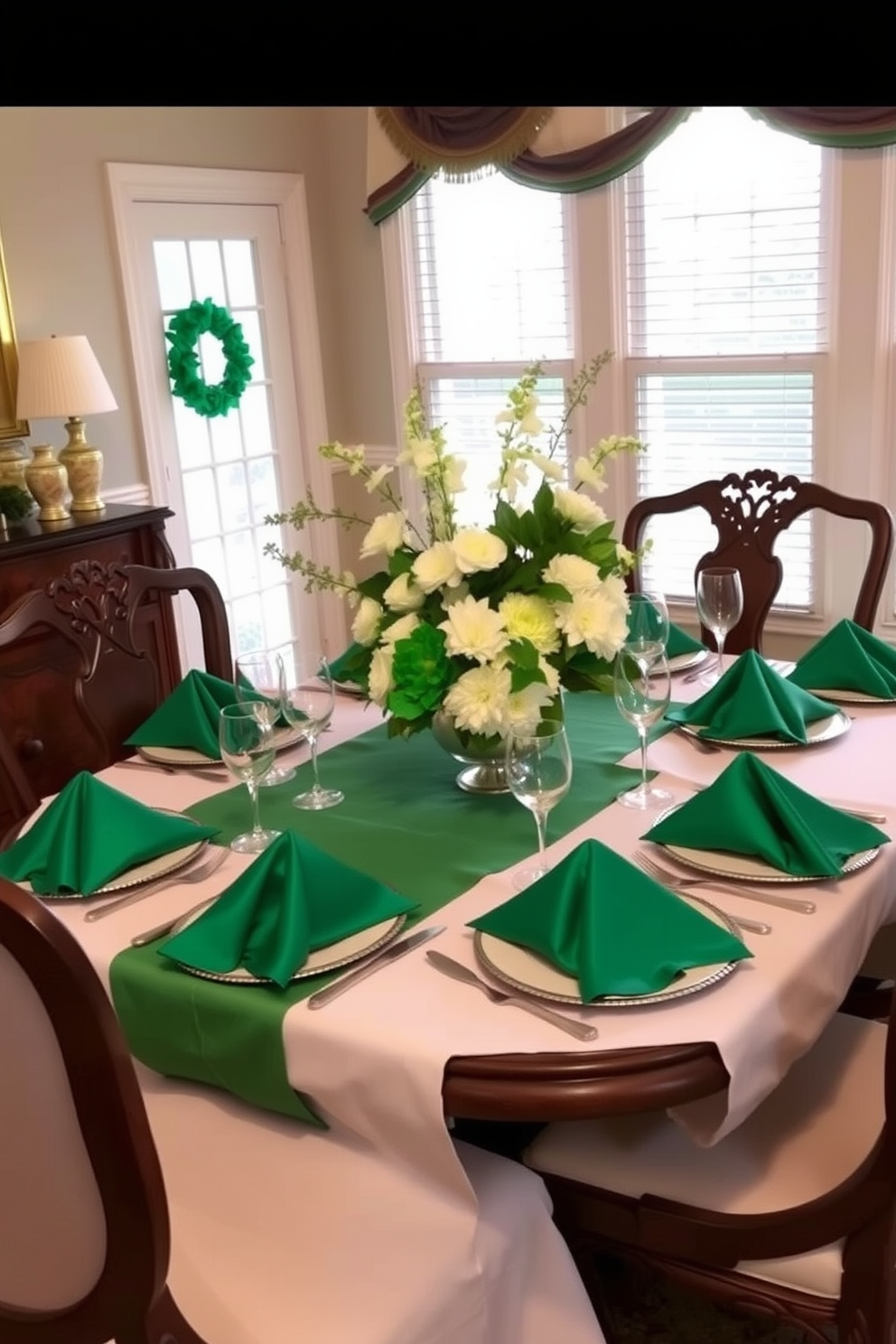 A festive dining room setting for St. Patrick's Day, featuring a beautifully set table adorned with emerald green napkins. The table is surrounded by elegant chairs, and a centerpiece of fresh white flowers and green accents adds a touch of seasonal charm.