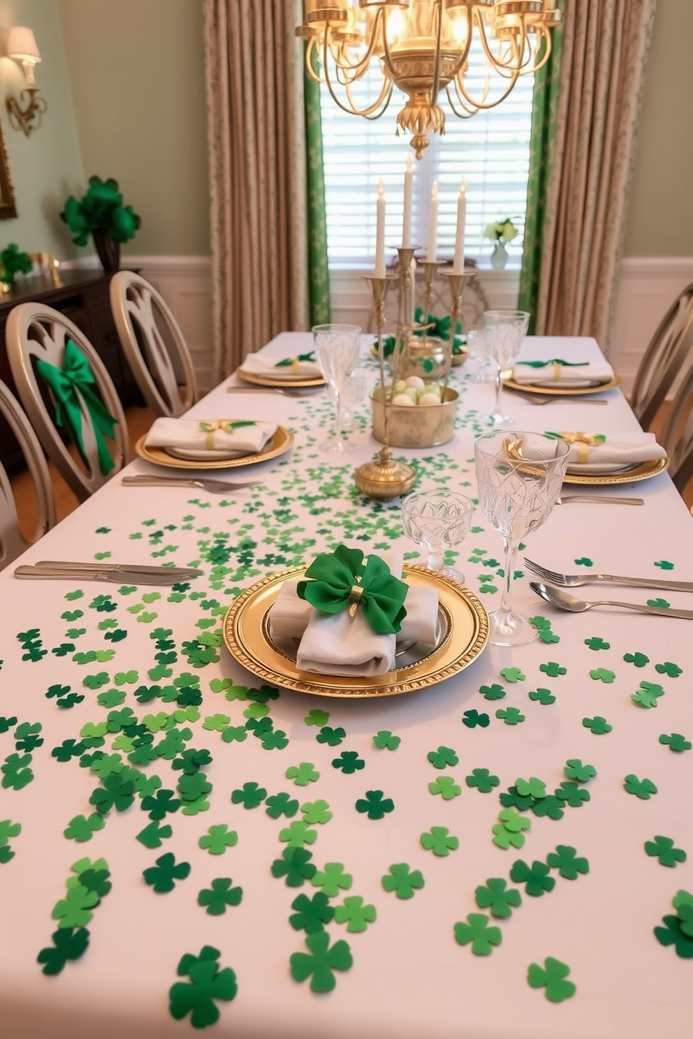 A festive dining room setting for St. Patrick's Day, adorned with clover leaf confetti scattered across a beautifully set table. The table is draped in a crisp white tablecloth, featuring green and gold accents, with elegant dinnerware and sparkling glassware for a celebratory touch.