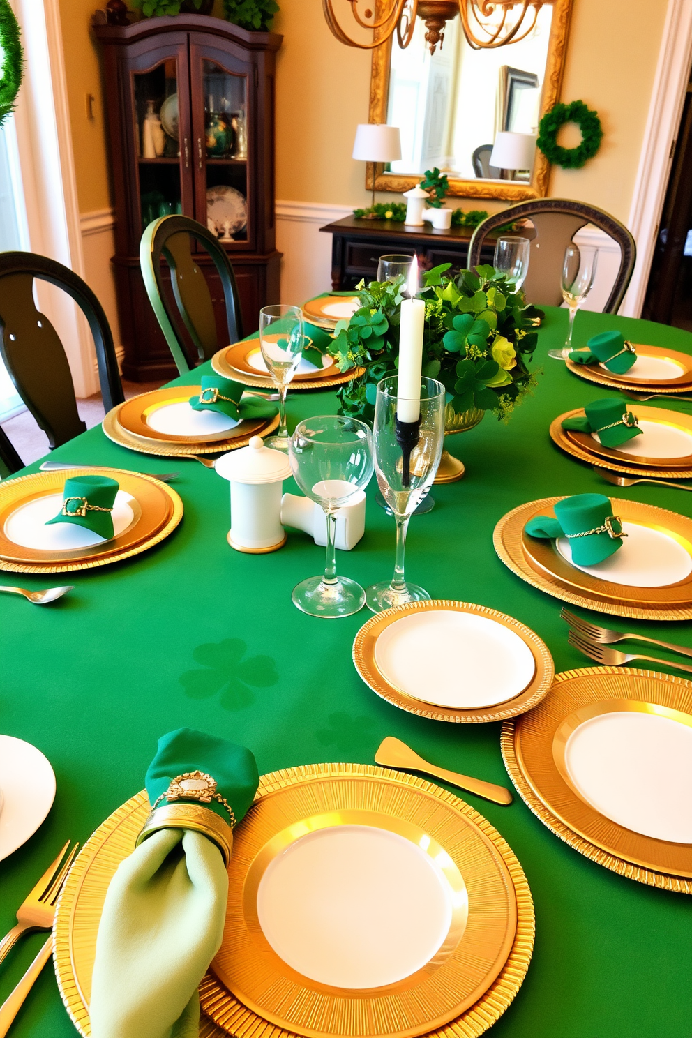 A charming dining room setting for St. Patrick's Day, featuring elegant leprechaun hat napkin rings adorning each place setting. The table is adorned with a vibrant green tablecloth, complemented by gold and white dinnerware, and fresh shamrock centerpieces for a festive touch.