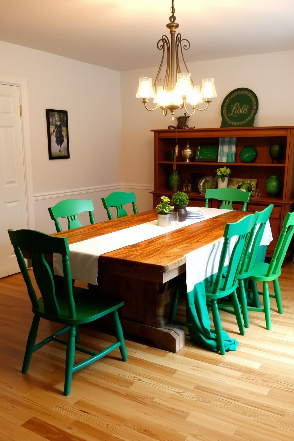 A vibrant dining room adorned for St. Patrick's Day features a cheerful Irish flag tablecloth draping elegantly over a rustic wooden table. Surrounding the table are mismatched chairs painted in shades of green, creating a lively and inviting atmosphere. On the table, festive decorations include small potted shamrocks and gold accents that reflect the holiday spirit. Soft, warm lighting from a chandelier overhead casts a cozy glow, enhancing the celebratory mood of the space.