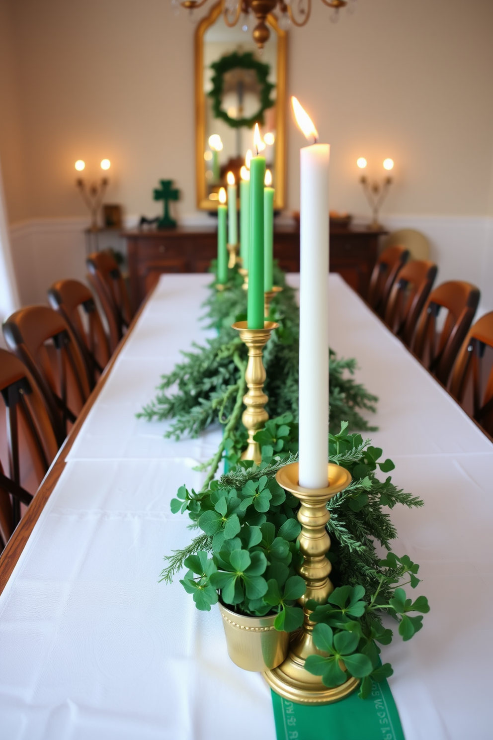 A festive dining room setting for St. Patrick's Day, featuring a long wooden table adorned with a crisp white tablecloth. Atop the table, green candles in elegant gold holders flicker softly, surrounded by fresh greenery and small pots of shamrocks.