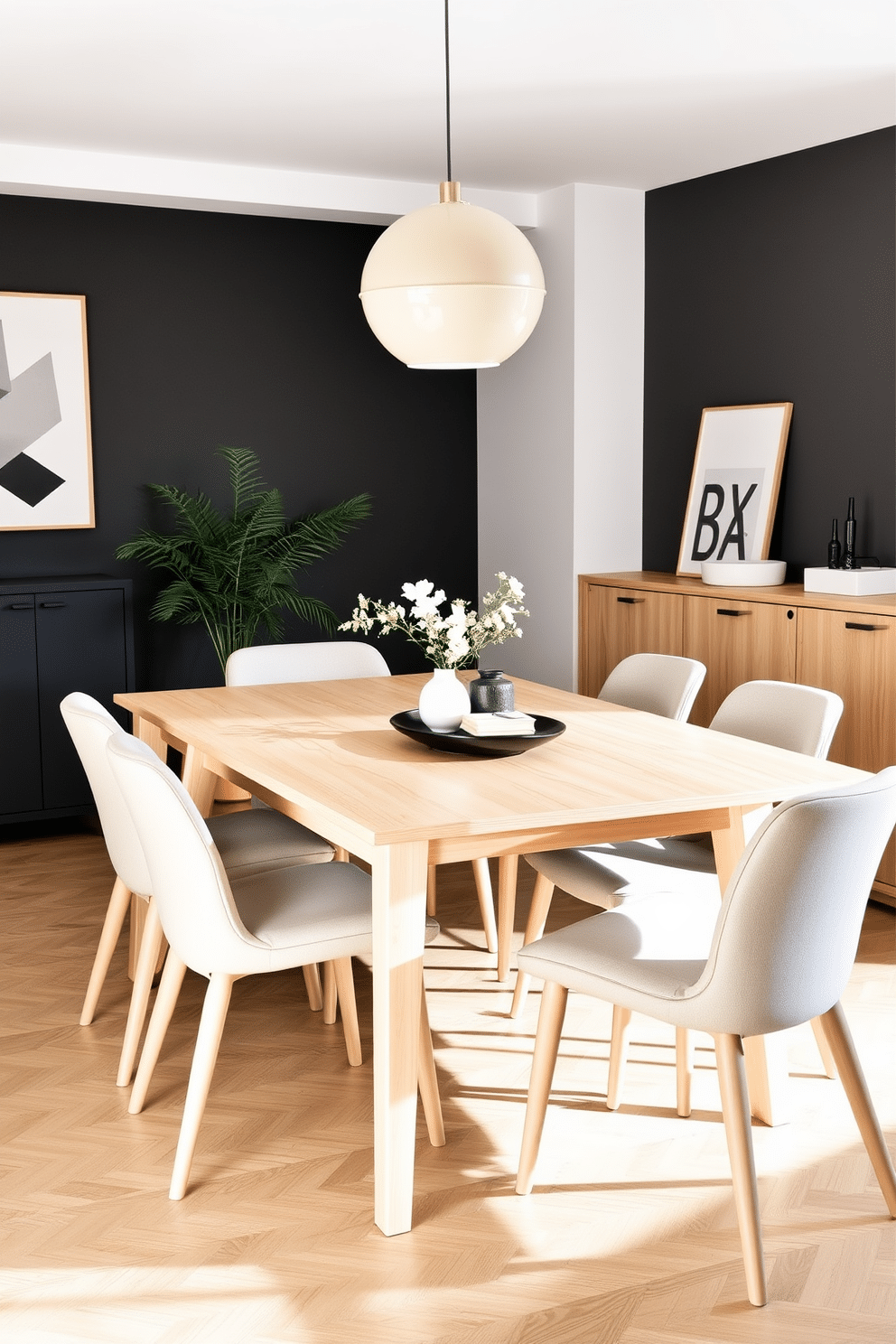 A Scandinavian style dining room featuring a light wood table with clean lines and a minimalist design. Surrounding the table are sleek, upholstered chairs in neutral tones, creating a warm and inviting atmosphere.