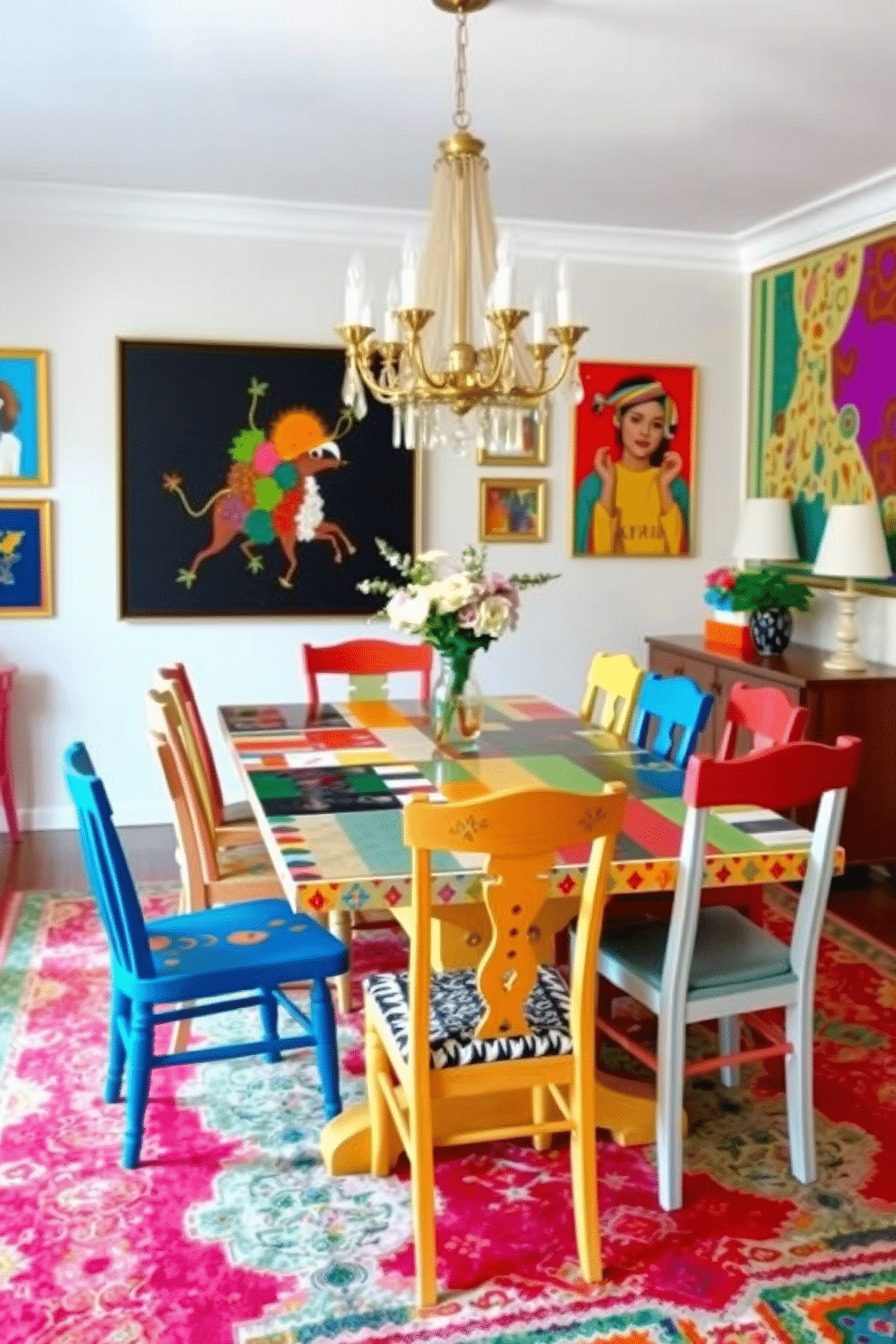 A vibrant dining room features a colorful painted table that serves as the centerpiece, adorned with eclectic patterns and hues. Surrounding the table are mismatched chairs, each with its own unique design, creating a playful and inviting atmosphere. The walls are decorated with bold artwork that complements the table's colors, while a statement chandelier hangs overhead, casting a warm glow. A vibrant area rug anchors the space, adding texture and comfort underfoot.