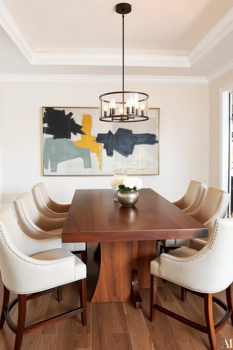 A stylish dining room featuring a rectangular wooden table with a rich walnut finish, surrounded by upholstered chairs in a soft, neutral fabric. A contemporary chandelier hangs above the table, casting a warm glow over the space, while a large abstract painting adorns the wall, adding a pop of color.