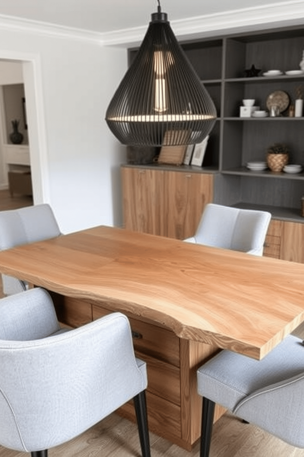 A modern dining room features a sleek wooden table with built-in storage options underneath, seamlessly blending functionality with style. The table is surrounded by upholstered chairs in a soft gray fabric, creating an inviting atmosphere for family gatherings. The tabletop showcases a unique live-edge design, highlighting the natural grain of the wood, while the storage compartments are discreetly integrated on the sides. A statement pendant light hangs above, casting a warm glow over the table and enhancing the overall elegance of the space.