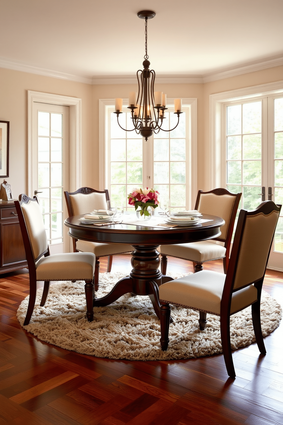 A cozy dining room featuring a round pedestal table crafted from rich mahogany, surrounded by upholstered chairs in a soft, neutral fabric. The table is set with a delicate tablecloth, elegant dinnerware, and a small vase of fresh flowers at the center, creating an inviting atmosphere. The walls are painted in a warm cream tone, complemented by soft ambient lighting from a stylish chandelier above. A plush area rug lies beneath the table, adding texture and warmth to the space, while large windows allow natural light to flood in, enhancing the cozy feel.