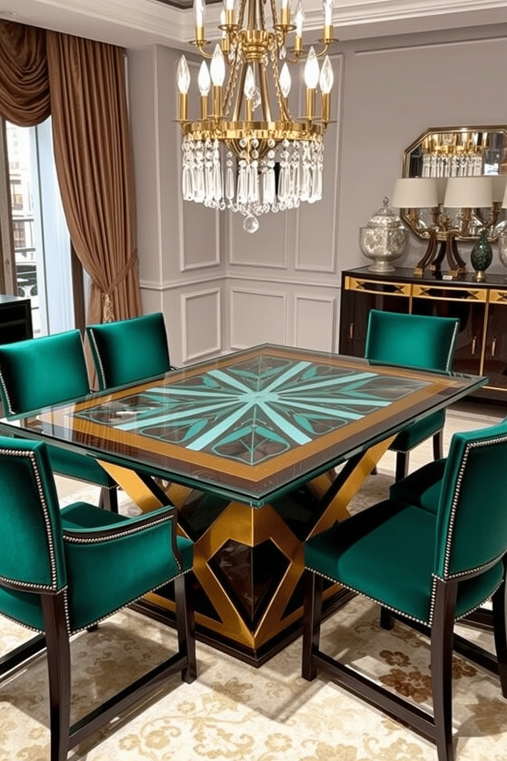 A stunning Art Deco inspired dining table features a sleek geometric design with bold lines and rich materials. The tabletop is made of polished glass, supported by a striking base of brushed gold and dark wood, creating a luxurious focal point for any dining room. Surrounding the table, elegant upholstered chairs in a deep emerald green complement the intricate patterns of the table's surface. The dining area is illuminated by a vintage chandelier with crystal accents, enhancing the sophisticated ambiance of the space.