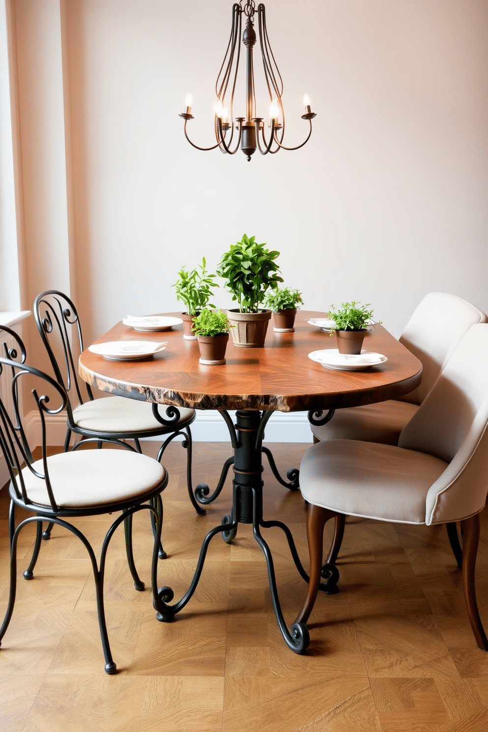 A cozy bistro-style table is set for an inviting cafe atmosphere, featuring a round wooden tabletop with a rustic finish and elegant wrought iron legs. Surrounding the table are mismatched vintage chairs, each adding a unique charm, with potted herbs as centerpieces to enhance the fresh vibe. For the dining room table design, envision a long, rectangular table crafted from reclaimed wood, showcasing natural grain patterns and a live edge for a touch of organic elegance. Paired with upholstered dining chairs in a soft, neutral fabric, the setting is illuminated by a striking chandelier that adds a modern flair to the warm ambiance.