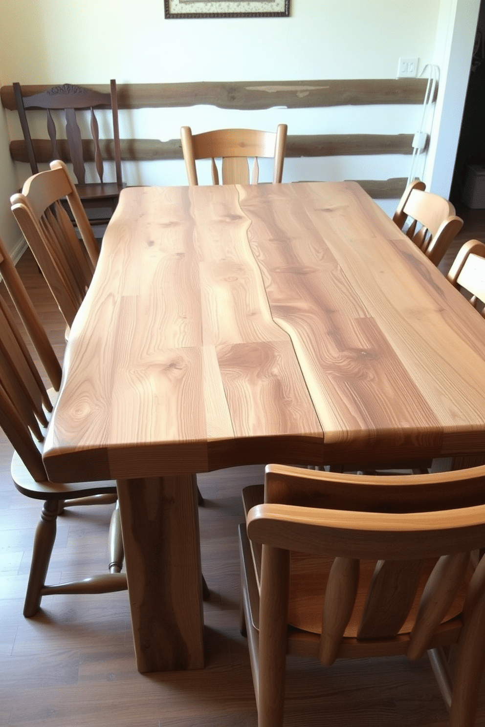 A rustic log cabin dining table made from reclaimed wood, featuring thick, sturdy legs and a natural finish that highlights the grain. Surrounding the table are mismatched wooden chairs, each with a unique design, adding character to the cozy dining space.