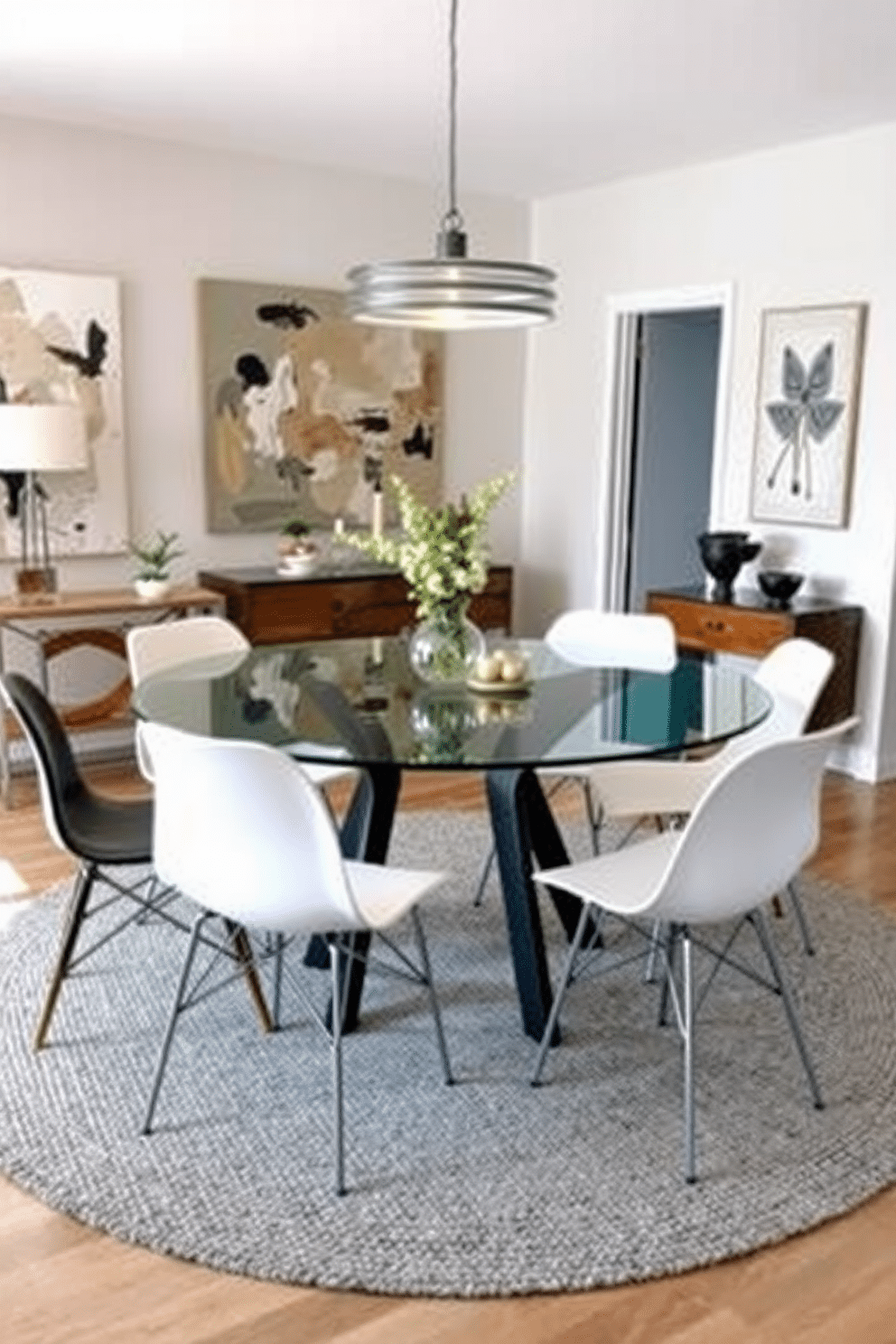 A round glass dining table with sleek industrial metal legs sits at the center of a spacious dining area. Surrounding the table are a mix of modern and vintage chairs, creating an eclectic yet cohesive look. The walls are adorned with abstract art that complements the table's design, while a stylish pendant light hangs above, casting a warm glow. A textured area rug anchors the space, adding warmth and comfort to the industrial aesthetic.