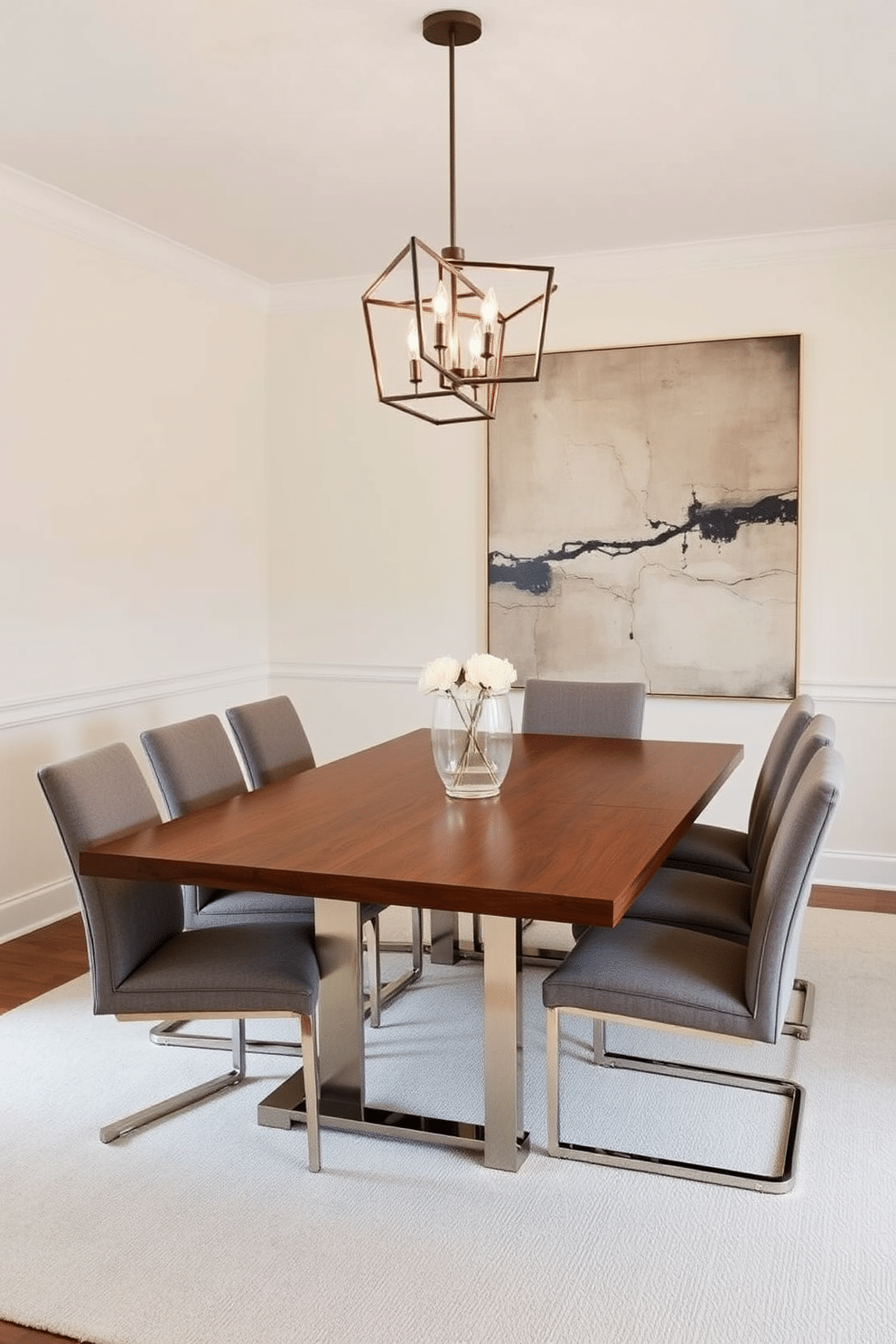 A classic rectangular dining table made of rich mahogany features sleek, contemporary metal legs for a modern twist. Surrounding the table are upholstered chairs in a muted gray fabric, adding a touch of elegance and comfort to the dining space. Above the table, a striking chandelier with geometric shapes provides a focal point, illuminating the area with warm light. The walls are painted in a soft cream color, complemented by a large abstract painting that adds a splash of color to the room.