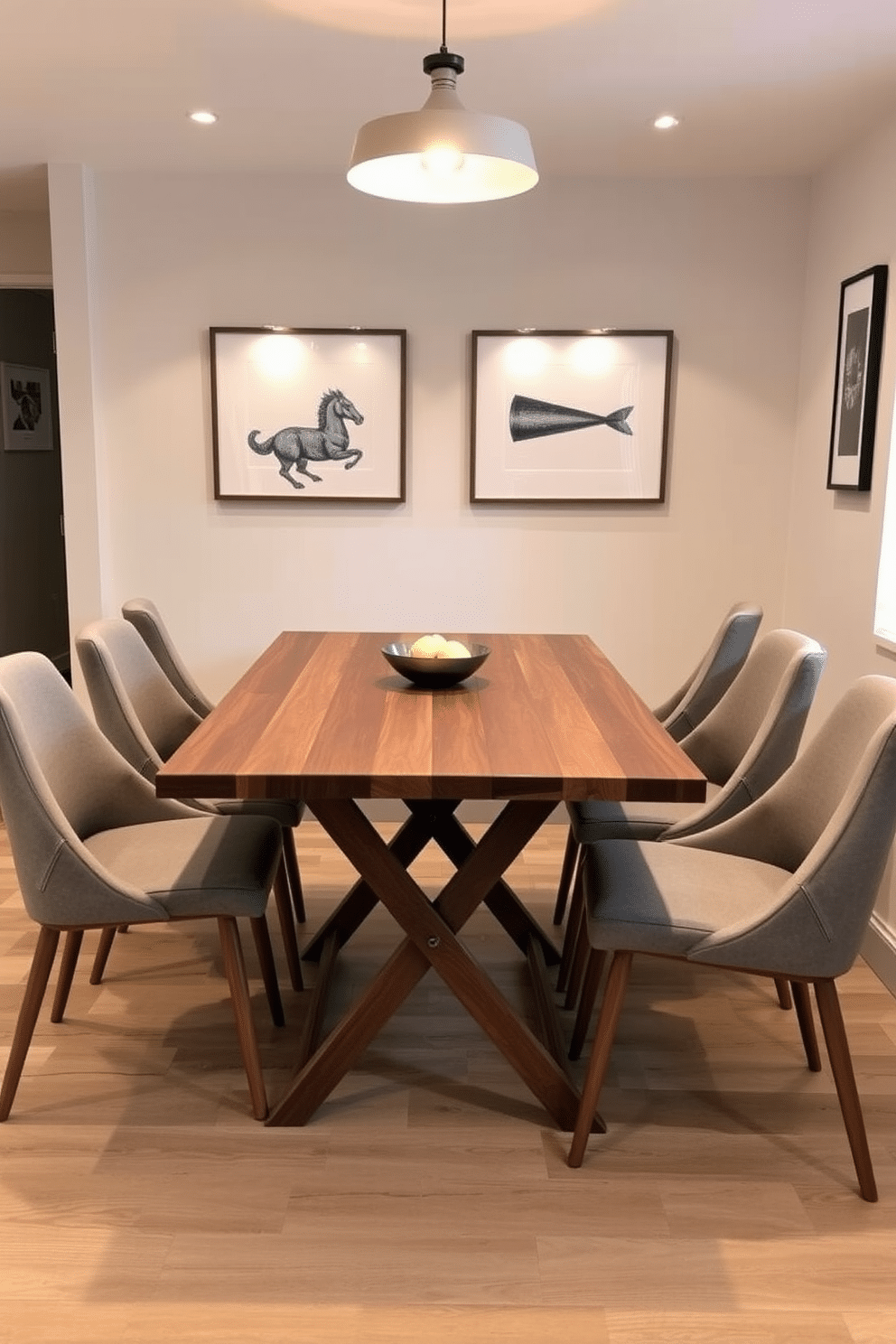 A stylish foldable dining table is positioned in a cozy dining area, featuring a sleek wooden surface with a warm walnut finish. Surrounding the table are modern, upholstered chairs in a soft gray fabric, creating a comfortable yet elegant atmosphere. The table is set against a backdrop of light, neutral walls adorned with subtle artwork, enhancing the room's inviting ambiance. A chic pendant light hangs above, casting a warm glow that accentuates the table's design and the overall space.