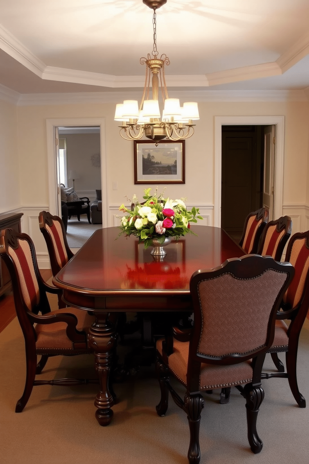 A traditional mahogany dining table takes center stage, showcasing intricate carvings along its edges and sturdy legs. Surrounding the table, elegant upholstered chairs in a rich fabric complement the warm tones of the wood, creating a welcoming atmosphere for family gatherings. Soft, ambient lighting from a vintage chandelier above enhances the room's warmth, casting a gentle glow on the polished surface of the table. The walls are adorned with classic wainscoting, painted in a soft cream color, while a tasteful centerpiece of seasonal flowers adds a touch of freshness to the setting.