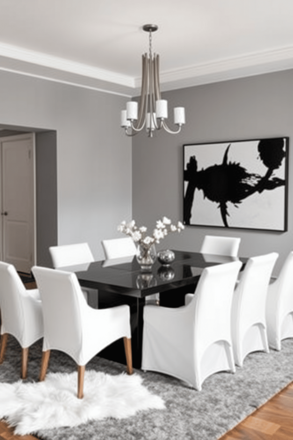 A striking dining room features a sleek black dining table centered under an elegant chandelier. Surrounding the table are white upholstered chairs that create a bold contrast against the dark surface. The walls are painted in a soft gray, enhancing the monochromatic theme, while a large abstract artwork in black and white adorns the wall. A plush area rug in shades of gray and white anchors the space, adding warmth to the modern design.