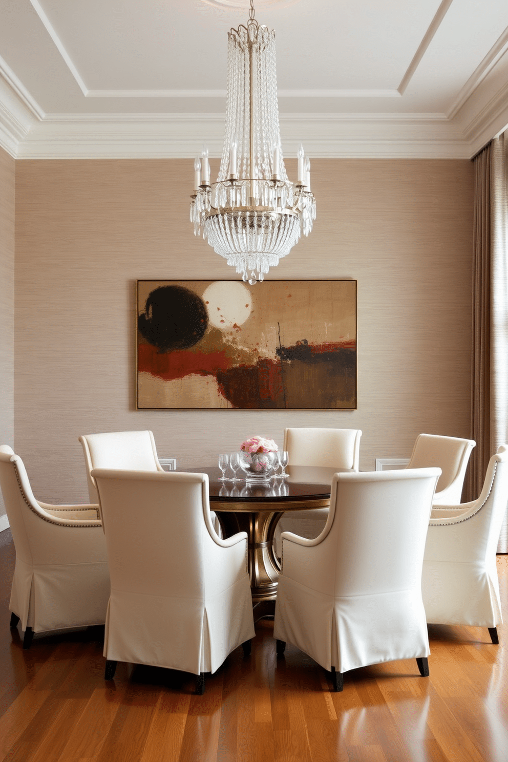 An elegant round dining table is set in the center of the room, surrounded by plush upholstered chairs in a soft cream color. Above, a stunning crystal chandelier cascades light, reflecting off the polished wooden floor and creating a warm, inviting atmosphere. The walls are adorned with subtle, textured wallpaper in a soft taupe hue, enhancing the room's sophistication. A large, abstract painting in rich, complementary colors hangs prominently, adding an artistic touch to the elegant dining space.