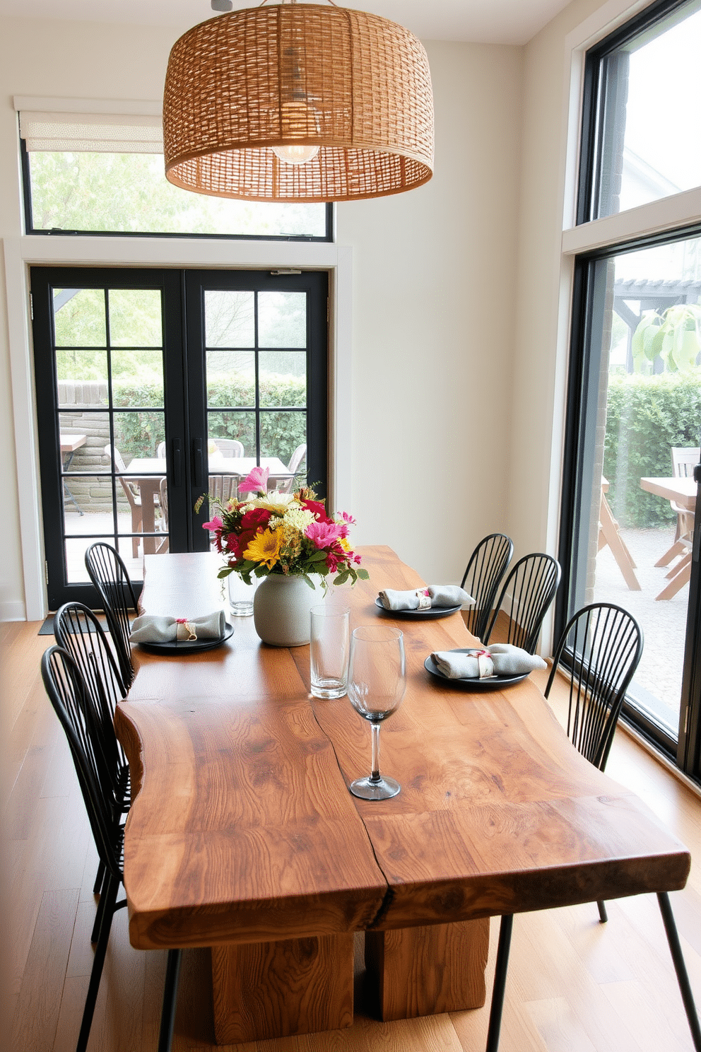 A beautifully designed dining room table features a reclaimed wood surface with a live edge, surrounded by modern black metal chairs. Above the table, a statement pendant light made of woven natural fibers casts a warm glow, enhancing the organic feel of the space. The table is set with a vibrant centerpiece of seasonal flowers in a rustic ceramic vase, complemented by elegant dinnerware and textured linen napkins. Large windows allow natural light to flood the room, creating an inviting atmosphere that blurs the line between indoor and outdoor dining experiences.