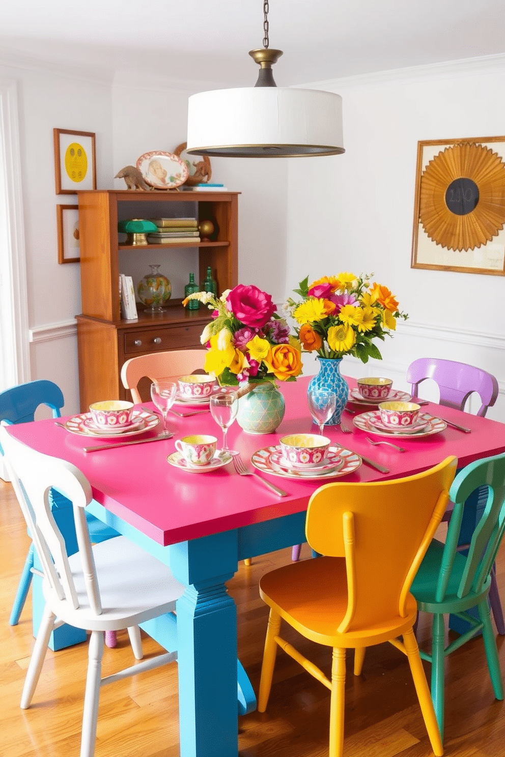 A brightly colored dining table serves as the centerpiece of a cheerful dining room, surrounded by mismatched chairs in vibrant hues. The table is set with a playful array of tableware, featuring bold patterns and bright floral centerpieces that evoke a sense of joy and celebration.