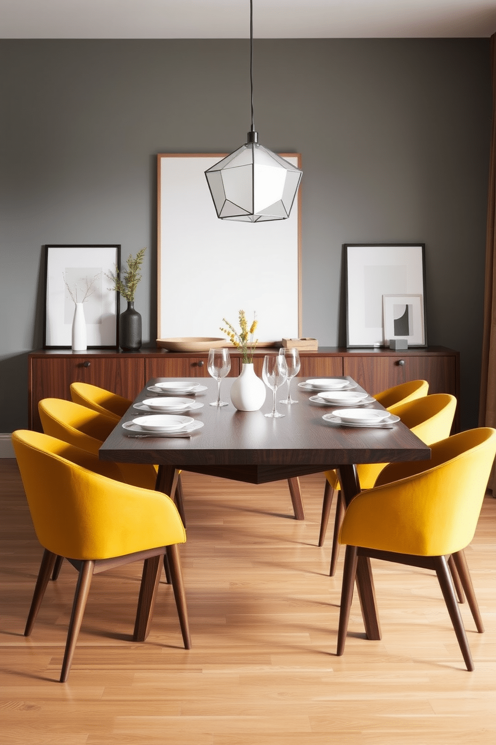 A mid-century modern dining room features a sleek wooden table with tapered legs and a rich walnut finish. Surrounding the table are upholstered chairs in a vibrant mustard yellow, adding a pop of color to the warm wood tones. The table is set with minimalist tableware, including simple white plates and elegant glassware. A statement pendant light in a geometric design hangs above, casting a soft glow over the dining area.