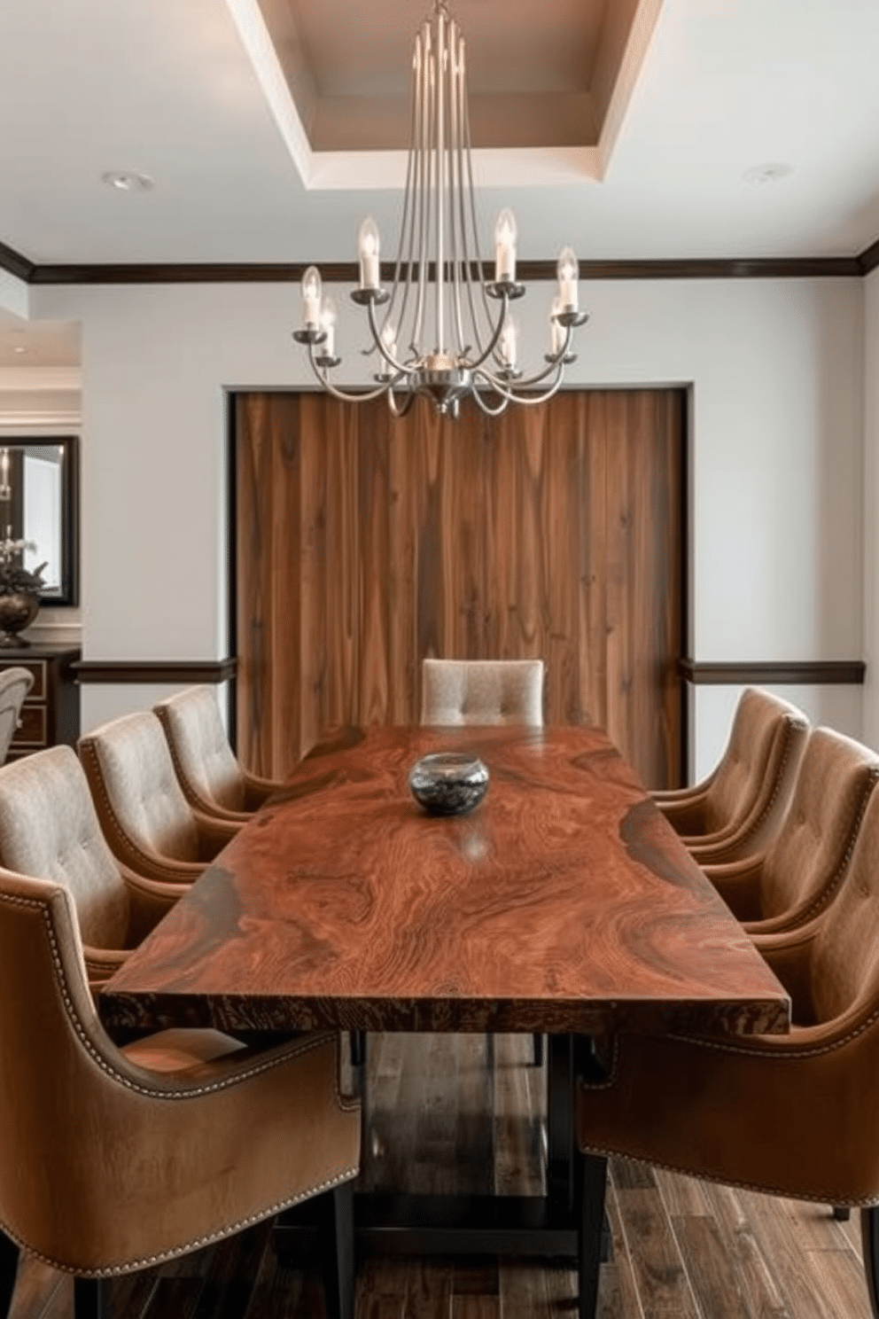 A stunning dining room features a table crafted from a combination of reclaimed wood and sleek metal, showcasing a beautiful contrast of textures. Surrounding the table are upholstered chairs in a rich fabric, adding warmth and comfort to the space, while a statement chandelier hangs above, illuminating the area with a soft glow.