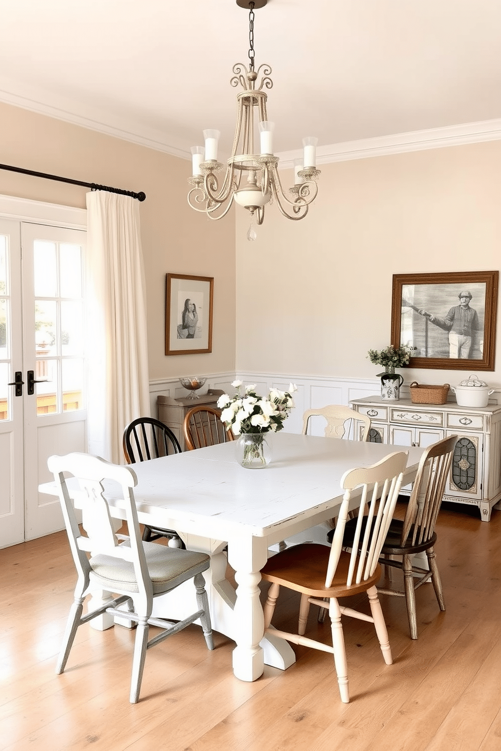 A charming dining room featuring a whitewashed wooden table as the centerpiece, surrounded by a collection of mismatched chairs that add character and warmth. The walls are adorned with soft pastel colors, and a statement chandelier hangs above the table, casting a warm glow over the inviting space.