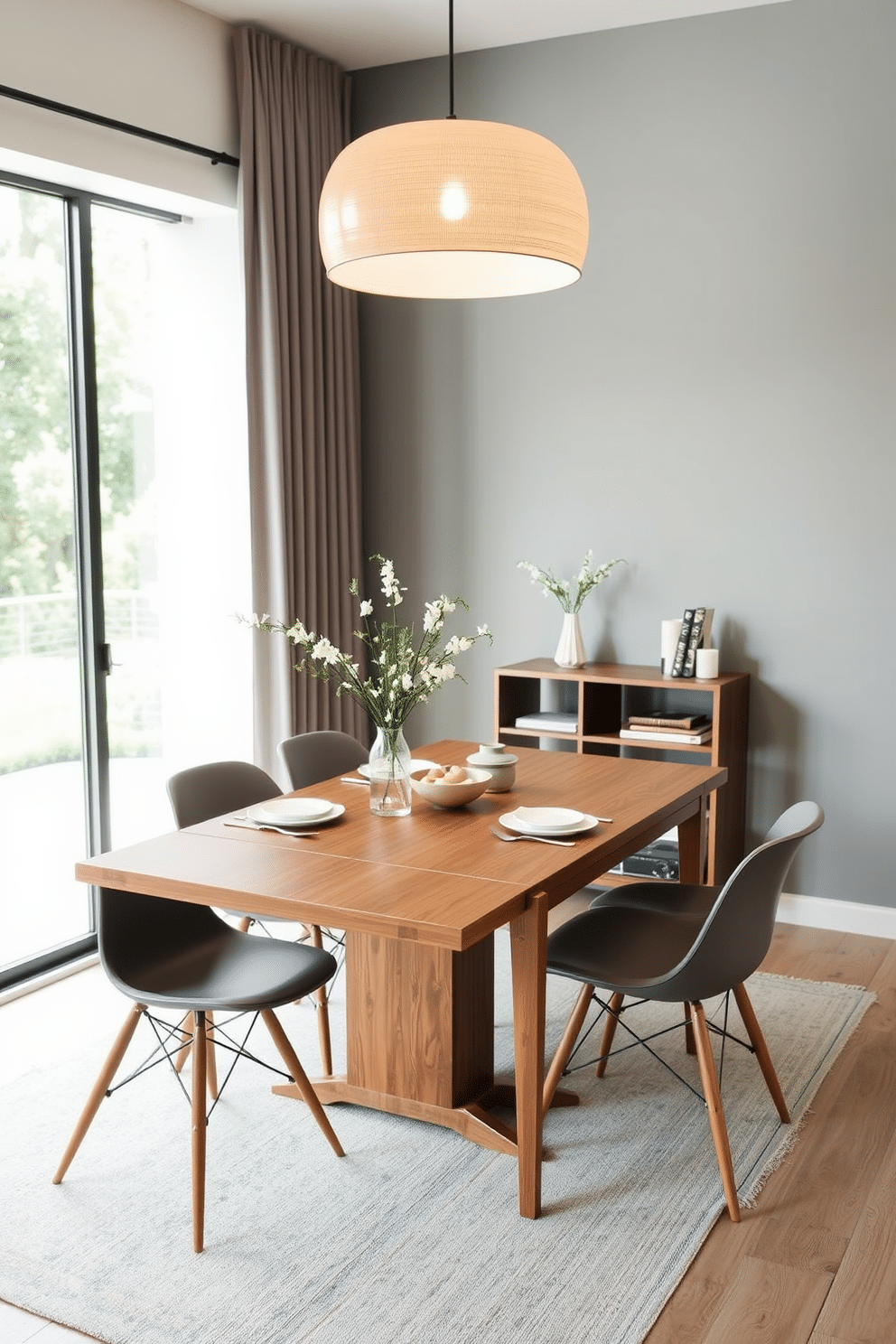 A stylish extendable dining table designed for small spaces features a sleek, modern aesthetic with clean lines and a warm wood finish. When extended, the table comfortably accommodates six people, while its compact form makes it ideal for cozy dining areas. The tabletop is complemented by elegant, minimalist chairs that can be easily tucked away when not in use. Soft ambient lighting from a contemporary pendant fixture above enhances the inviting atmosphere of the dining space.