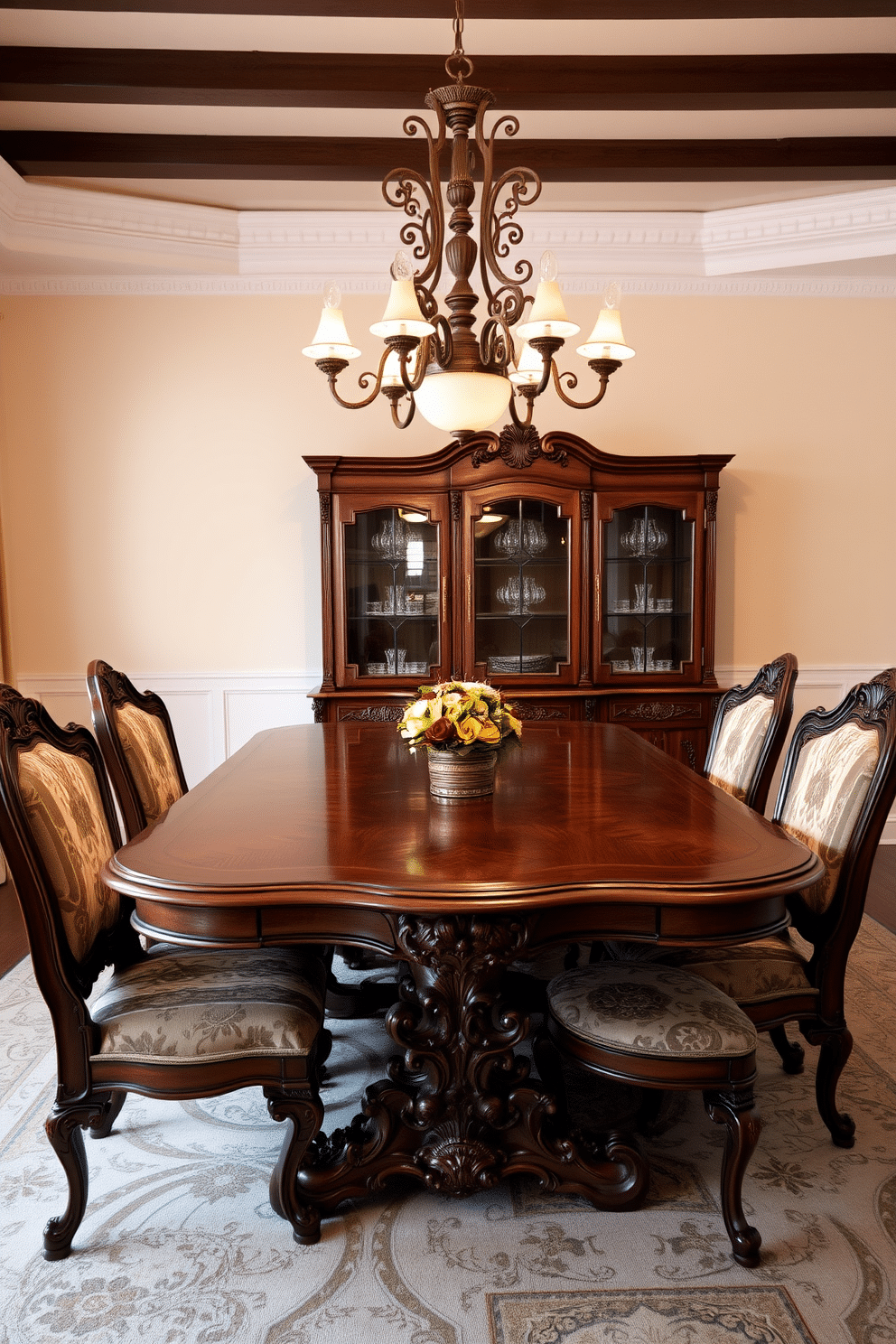 A vintage dining table with intricate ornate carvings takes center stage in the room, showcasing its rich wood finish and timeless elegance. Surrounding the table are plush upholstered chairs, each adorned with elegant patterns that complement the table's detailed craftsmanship. Soft, ambient lighting from a classic chandelier casts a warm glow over the setting, enhancing the vintage charm of the space. The walls are painted in a soft cream hue, providing a perfect backdrop for the table and creating an inviting atmosphere for gatherings.