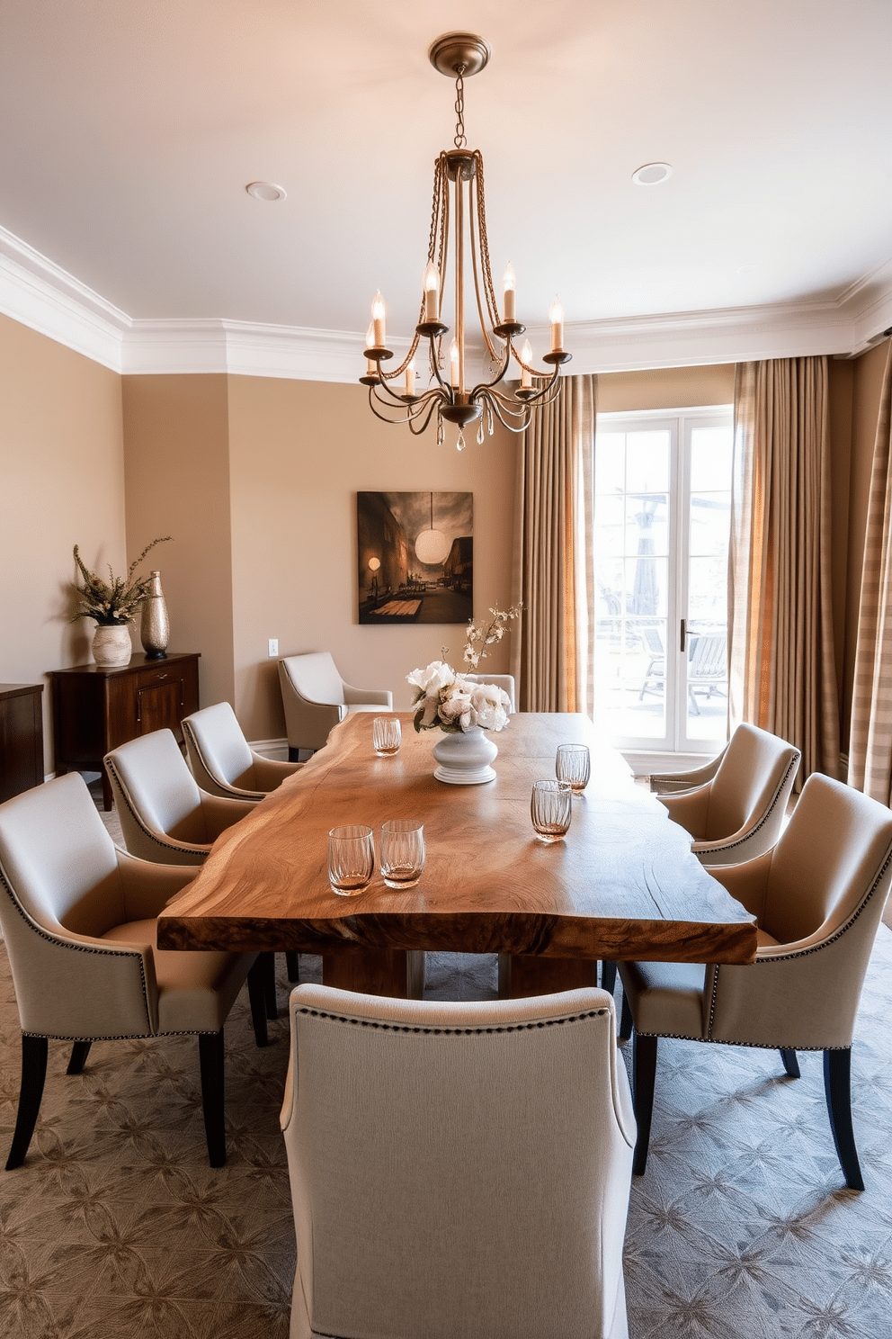 A stunning dining room featuring a natural wood slab table as the centerpiece, showcasing the unique grain and texture of the wood. Surrounding the table are elegant upholstered chairs in a soft neutral fabric, creating a warm and inviting atmosphere. The walls are adorned with soft, earthy tones that complement the natural wood elements. A statement chandelier hangs above the table, casting a warm glow over the space, while a large window allows natural light to flood in, enhancing the overall ambiance.