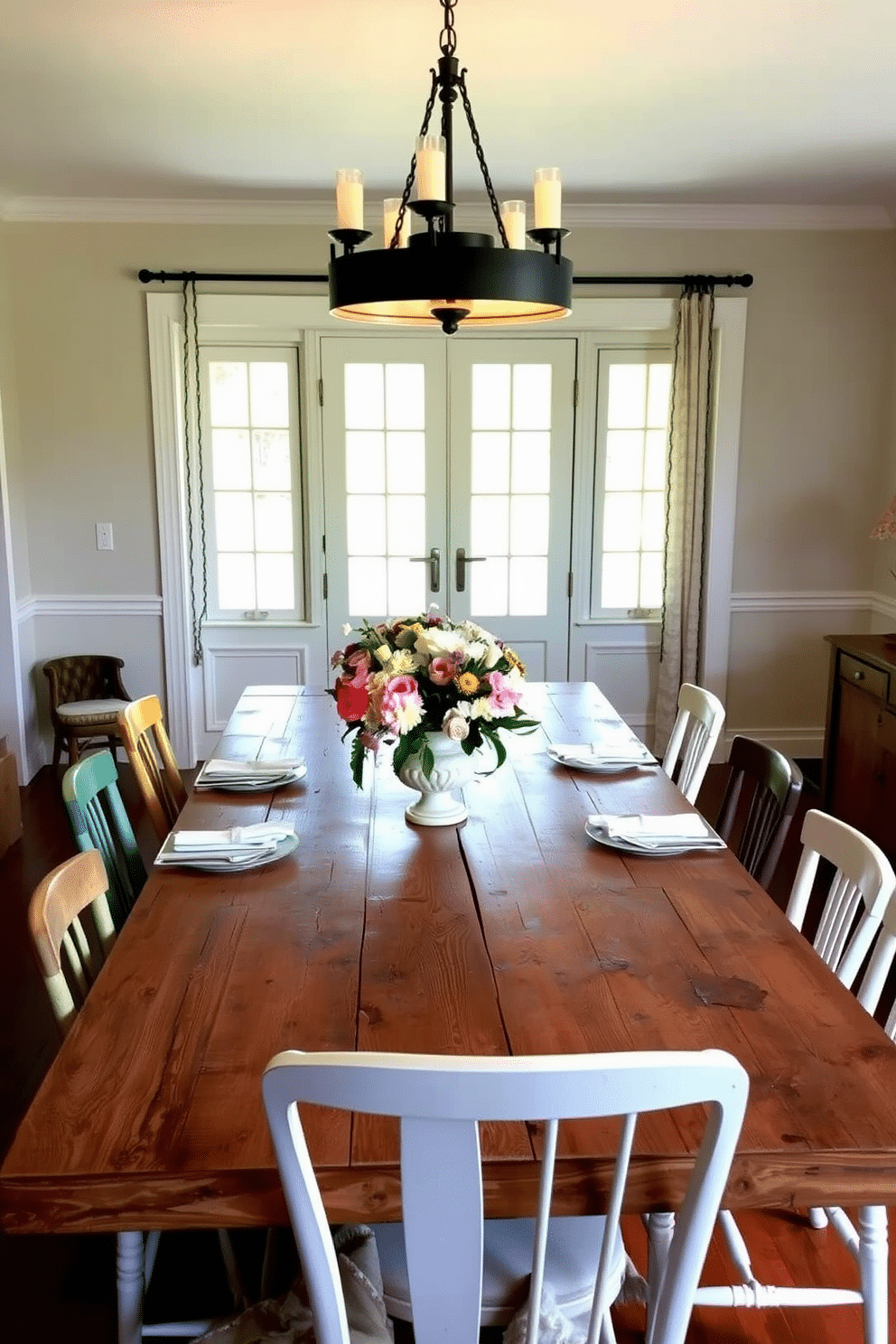 A charming farmhouse dining room features a large wooden table with a distressed finish, showcasing rustic character and warmth. Surrounding the table are mismatched chairs, each with its own unique style, enhancing the cozy, inviting atmosphere. The room is adorned with soft, neutral colors, with a statement light fixture hanging above the table, casting a warm glow. A centerpiece of fresh flowers in a vintage vase sits at the center, complemented by simple place settings that add to the home's rustic elegance.