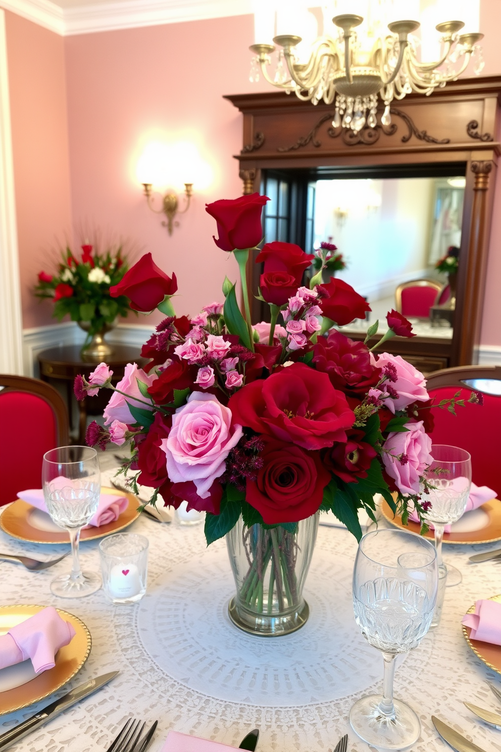 A vibrant dining room setting featuring a stunning red and pink floral centerpiece arranged in an elegant glass vase. The table is adorned with a delicate lace tablecloth, complemented by fine china and sparkling crystal glassware, creating a romantic ambiance for Valentine's Day.