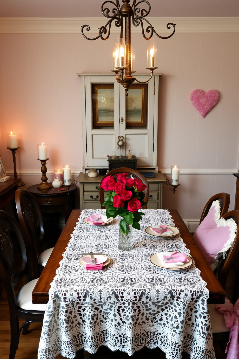 A charming dining room adorned with a vintage lace tablecloth draping elegantly over a rustic wooden table. Surrounding the table are antique chairs, each uniquely designed, and the space is enhanced by soft candlelight flickering from ornate candlesticks. For Valentine's Day, the table is beautifully set with delicate china, heart-shaped napkin holders, and fresh red roses in a crystal vase at the center. Soft pink and white accents are scattered throughout the room, creating a romantic and inviting atmosphere for a cozy dinner.