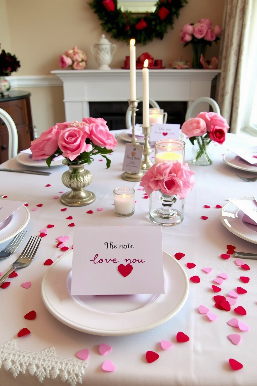 A charming dining room setting for Valentine's Day features a beautifully set table adorned with personalized love note place cards. Each card is elegantly handwritten and placed atop a crisp white plate, surrounded by soft pink and red floral arrangements that add a romantic touch. The table is draped with a delicate lace tablecloth, enhancing the intimate atmosphere. Candlelight flickers softly from decorative holders, casting a warm glow over the scene, while heart-shaped confetti is scattered across the table for an added festive flair.