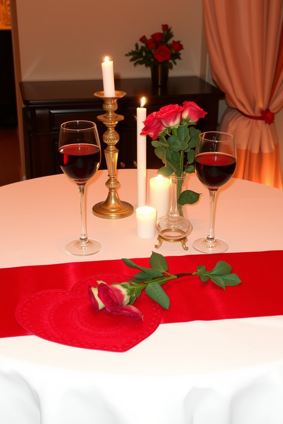 A romantic dining room setting for Valentine's Day, featuring an elegant table set for two. The table is adorned with a crisp white tablecloth, accented by a deep red runner, and two beautifully arranged red wine glasses sit atop it. Soft candlelight flickers from ornate candlesticks, casting a warm glow across the table. Fresh roses in a small vase complement the romantic atmosphere, while heart-shaped placemats add a playful touch to the decor.