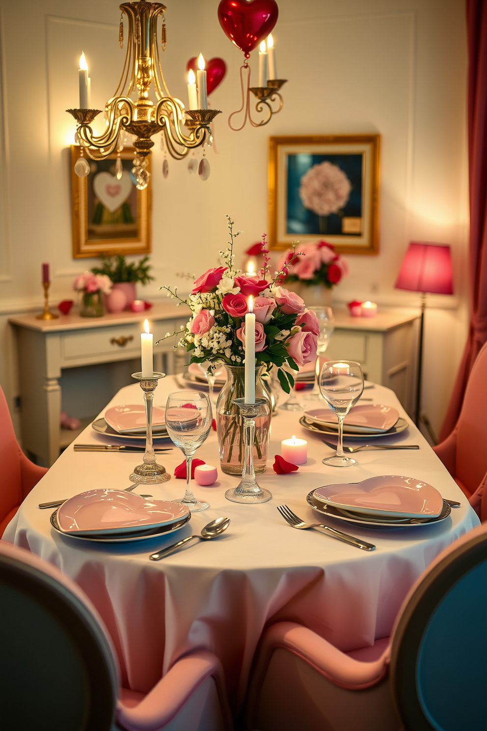 A romantic dining room setting adorned with heart-shaped plates elegantly arranged on a beautifully set table. Soft pink and red accents create a warm atmosphere, complemented by flickering candlelight and delicate floral centerpieces to celebrate Valentine's Day.